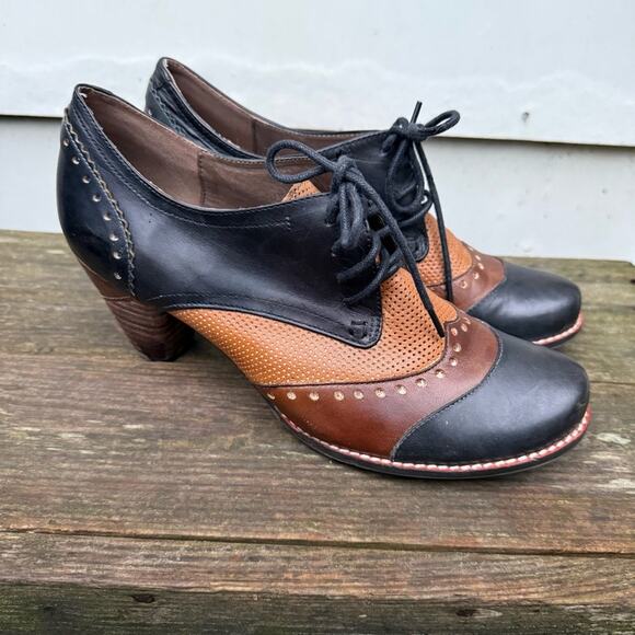 L'Artiste Spring Step Bardot derby Oxford leather colorblock heel 40 brown black - Picture 5 of 9